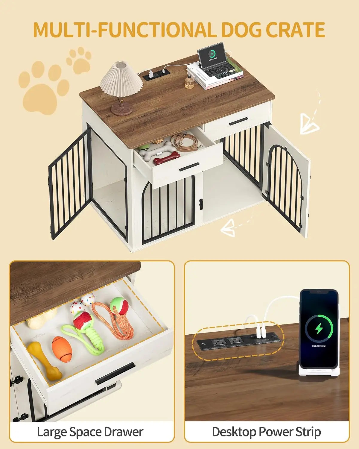 43.3" Dog Crate Furniture with Storage & Power Indoor Kennel for Large Dogs