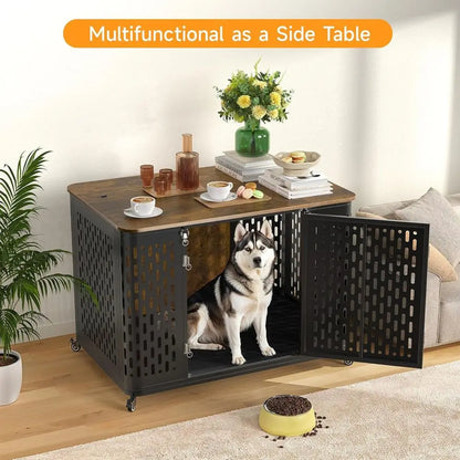 Heavy Duty Dog Crate urniture or Large and Medium Dogs, 43.7 Inch Large Dog Crate Kennel with lip Top & Cushion & Wheels, Ese Pr