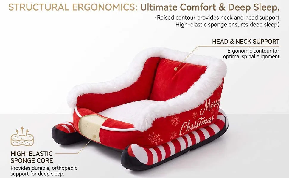 Christmas Dog Bed Sleigh, Santa Themed Calming Pet Sofa with Raised Sides, Soft Plush Winter Dog Sleigh Bed, Washable for Pets (Large)