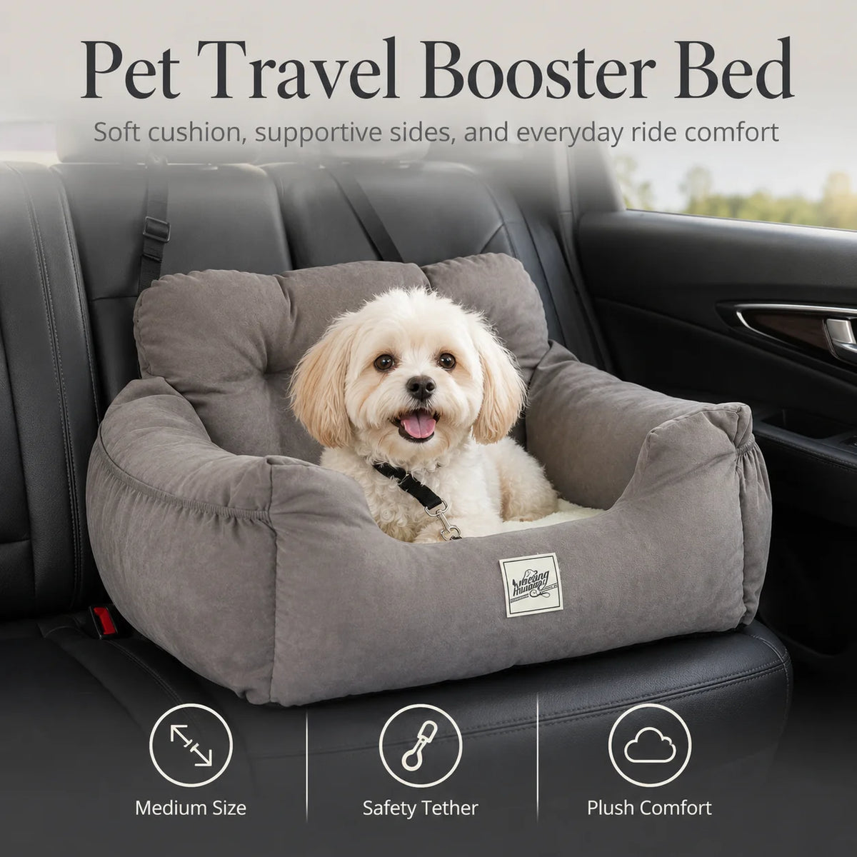 Pet Car Seat Bed for Small Dogs & Cats, Plush Dog Booster Travel Bed with Built-in Tether, Adjustable Car Strap, Soft Supportive Pet Bed for Back Seat, 55 x 50 x 35 cm