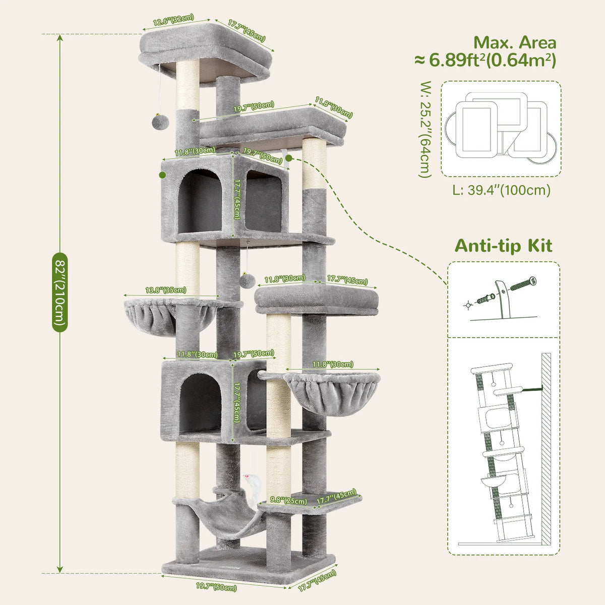 Globlazer 82" Large Cat Tree Tower for Indoor Cats, Multi-Level Cat Climbing Activity Center with 2 Condos, 2 Hammocks, 3 Perches, 8 Sisal Scratching Posts for Multi-Cat Household