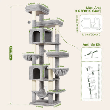 Globlazer 82" Large Cat Tree Tower for Indoor Cats, Multi-Level Cat Climbing Activity Center with 2 Condos, 2 Hammocks, 3 Perches, 8 Sisal Scratching Posts for Multi-Cat Household