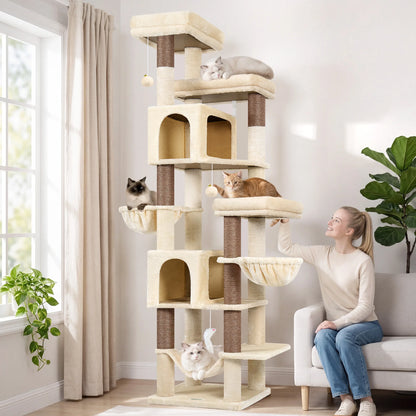 Globlazer 82" Large Cat Tree Tower for Indoor Cats, Multi-Level Cat Climbing Activity Center with 2 Condos, 2 Hammocks, 3 Perches, 8 Sisal Scratching Posts for Multi-Cat Household