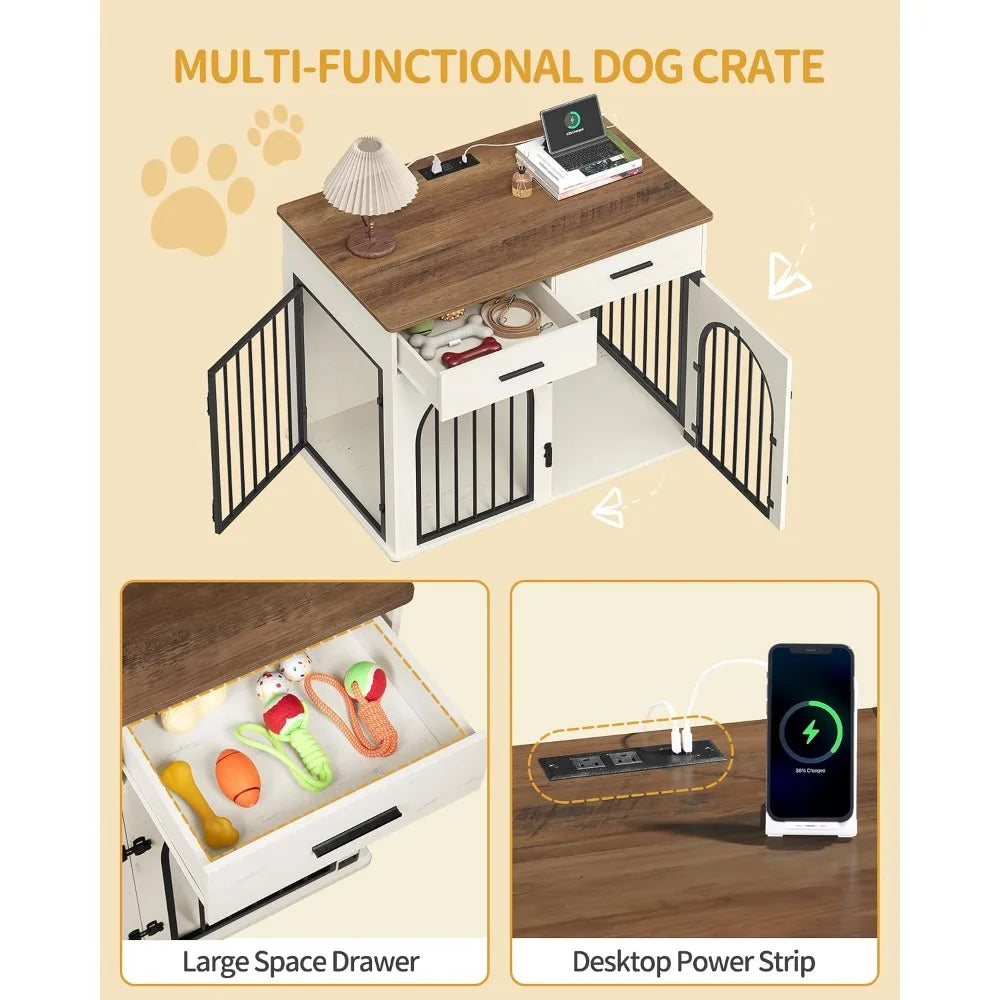 43.3" Dog Crate Furniture with Storage & Power Indoor Kennel for Large Dogs