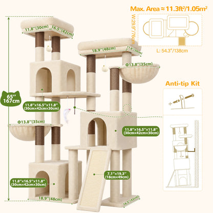 Globlazer 65 Inch Cat Scratcher Tree for Medium Large Cats Multi Level Cat Houses Condos with 3 Condos Cat Climbing Tower with 8 Sisal Posts 2 Hammocks Perches for 2-3 Cats