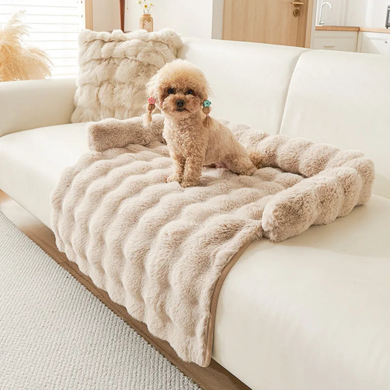 New Winter Rabbit Fur Pet Mat Warm Non Slip Sleeping Cushion with Pillow for Cat Dog Sofa Bed