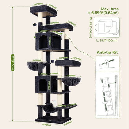 Globlazer 82" Large Cat Tree Tower for Indoor Cats, Multi-Level Cat Climbing Activity Center with 2 Condos, 2 Hammocks, 3 Perches, 8 Sisal Scratching Posts for Multi-Cat Household