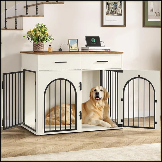 43.3" Dog Crate Furniture with Storage & Power Indoor Kennel for Large Dogs