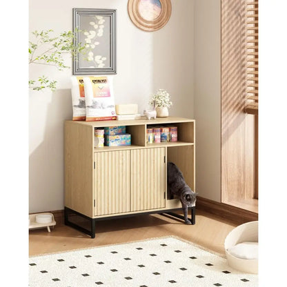Cat Litter Box Enclosure, Large Hidden Pet Storage Cabinet urniture with Waveorm luted Do& Scratching Pad, ern Wooden Cat House