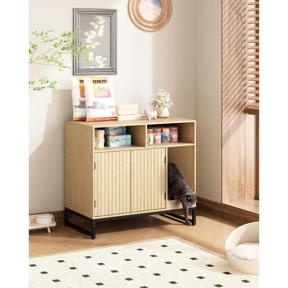 Cat Litter Box Enclosure, Large Hidden Pet Storage Cabinet urniture with Waveorm luted Do& Scratching Pad, ern Wooden Cat House