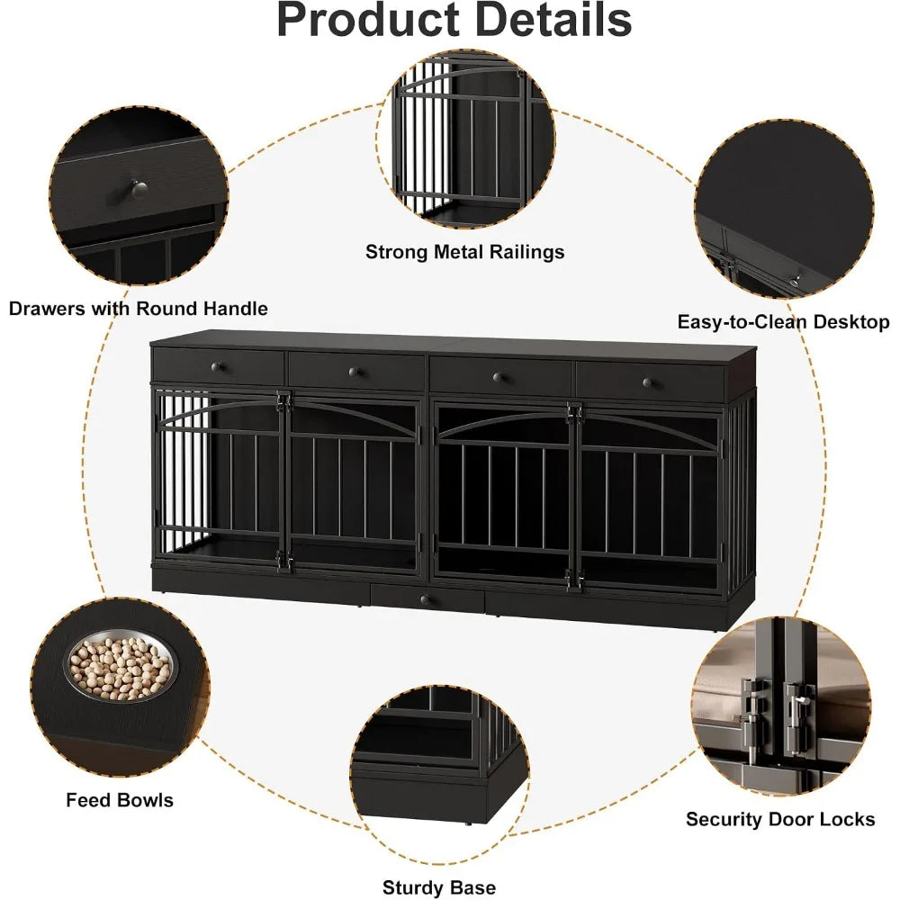 78.7" Dog Crate Furniture for 2 Dogs with 4 Drawers, Black
