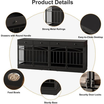 78.7" Dog Crate Furniture for 2 Dogs with 4 Drawers, Black