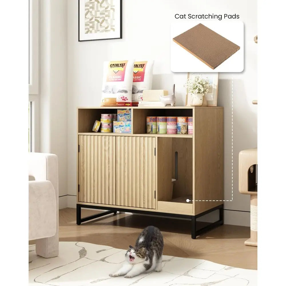 Cat Litter Box Enclosure, Large Hidden Pet Storage Cabinet urniture with Waveorm luted Do& Scratching Pad, ern Wooden Cat House