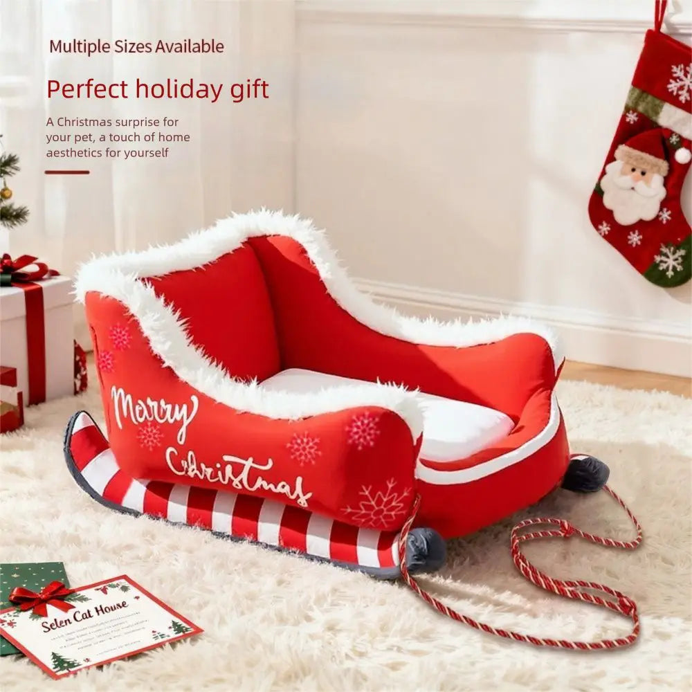 Cozy Christmas Sleigh Pet Bed Removable Washable Cat Dog Nest Non-Slip Bottom Pet Warm Sofa Cat Dog