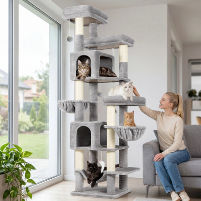 Globlazer 82" Large Cat Tree Tower for Indoor Cats, Multi-Level Cat Climbing Activity Center with 2 Condos, 2 Hammocks, 3 Perches, 8 Sisal Scratching Posts for Multi-Cat Household