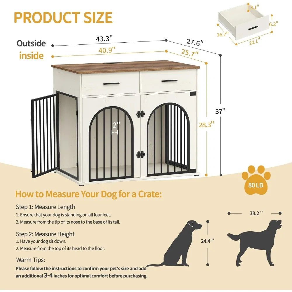 43.3" Dog Crate Furniture with Storage & Power Indoor Kennel for Large Dogs