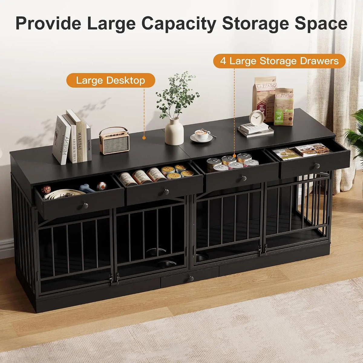 78.7" Dog Crate Furniture for 2 Dogs with 4 Drawers, Black
