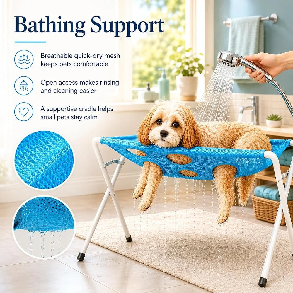 Pet Dog Bath Hammock Cat Shower Grooming Table Hammock with Foldable Stand Breathable Mesh Bathing Drying Table for Nail Trimmin