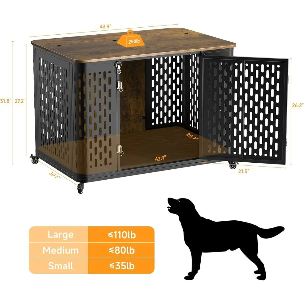 Heavy Duty Dog Crate urniture or Large and Medium Dogs, 43.7 Inch Large Dog Crate Kennel with lip Top & Cushion & Wheels, Ese Pr