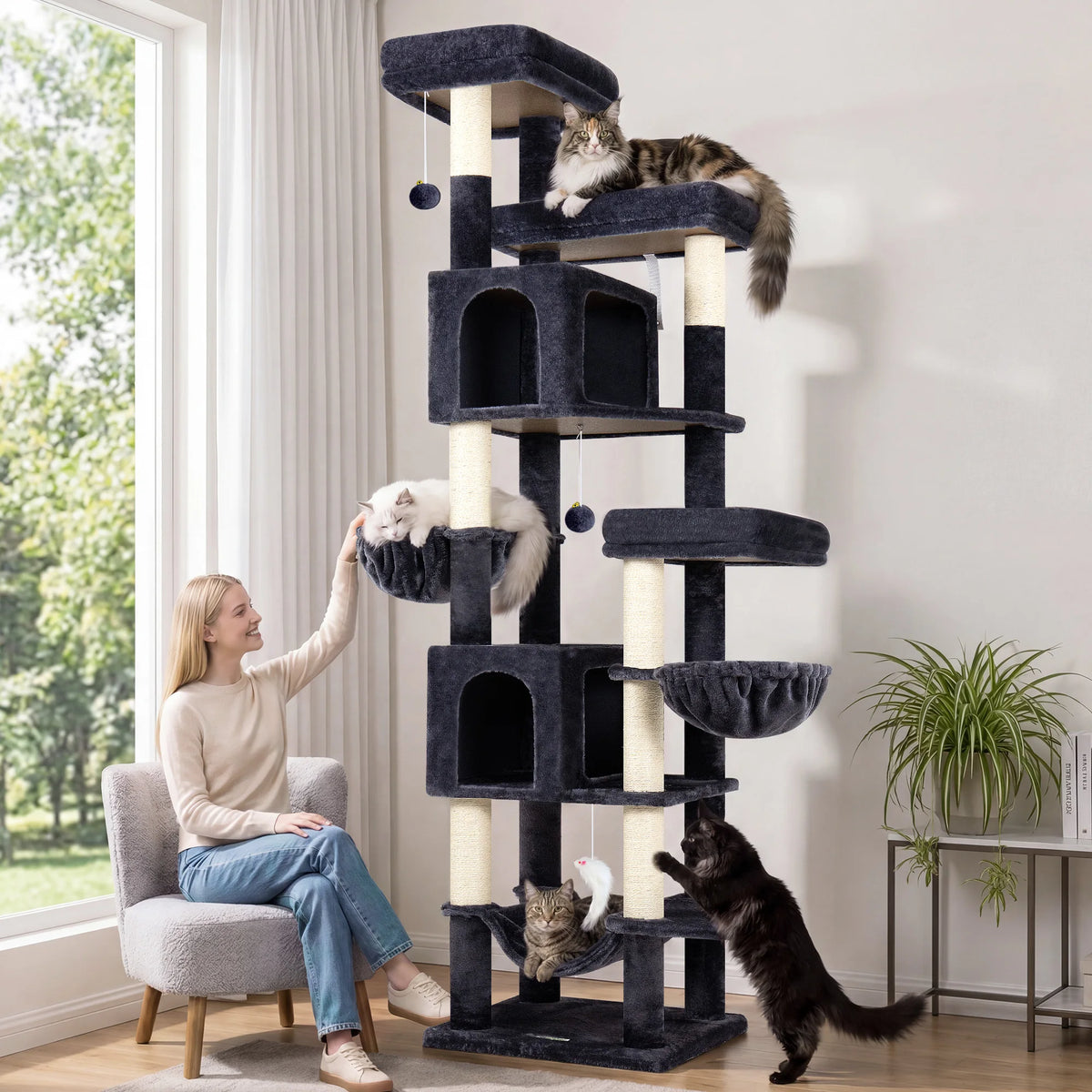 Globlazer 82" Large Cat Tree Tower for Indoor Cats, Multi-Level Cat Climbing Activity Center with 2 Condos, 2 Hammocks, 3 Perches, 8 Sisal Scratching Posts for Multi-Cat Household