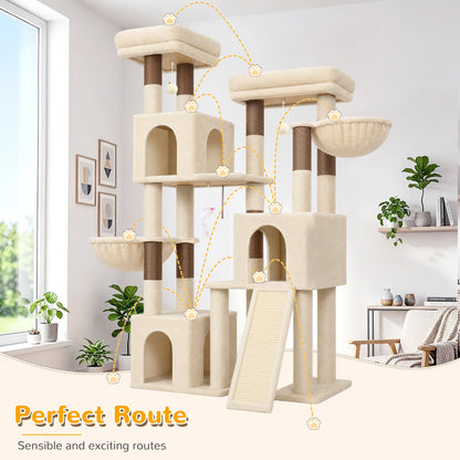 Globlazer 65 Inch Cat Scratcher Tree for Medium Large Cats Multi Level Cat Houses Condos with 3 Condos Cat Climbing Tower with 8 Sisal Posts 2 Hammocks Perches for 2-3 Cats