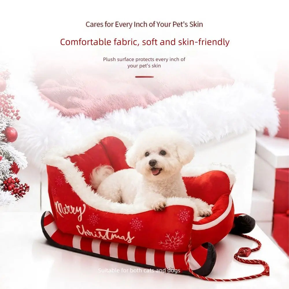 Cozy Christmas Sleigh Pet Bed Removable Washable Cat Dog Nest Non-Slip Bottom Pet Warm Sofa Cat Dog
