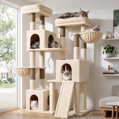 Globlazer 65 Inch Cat Scratcher Tree for Medium Large Cats Multi Level Cat Houses Condos with 3 Condos Cat Climbing Tower with 8 Sisal Posts 2 Hammocks Perches for 2-3 Cats