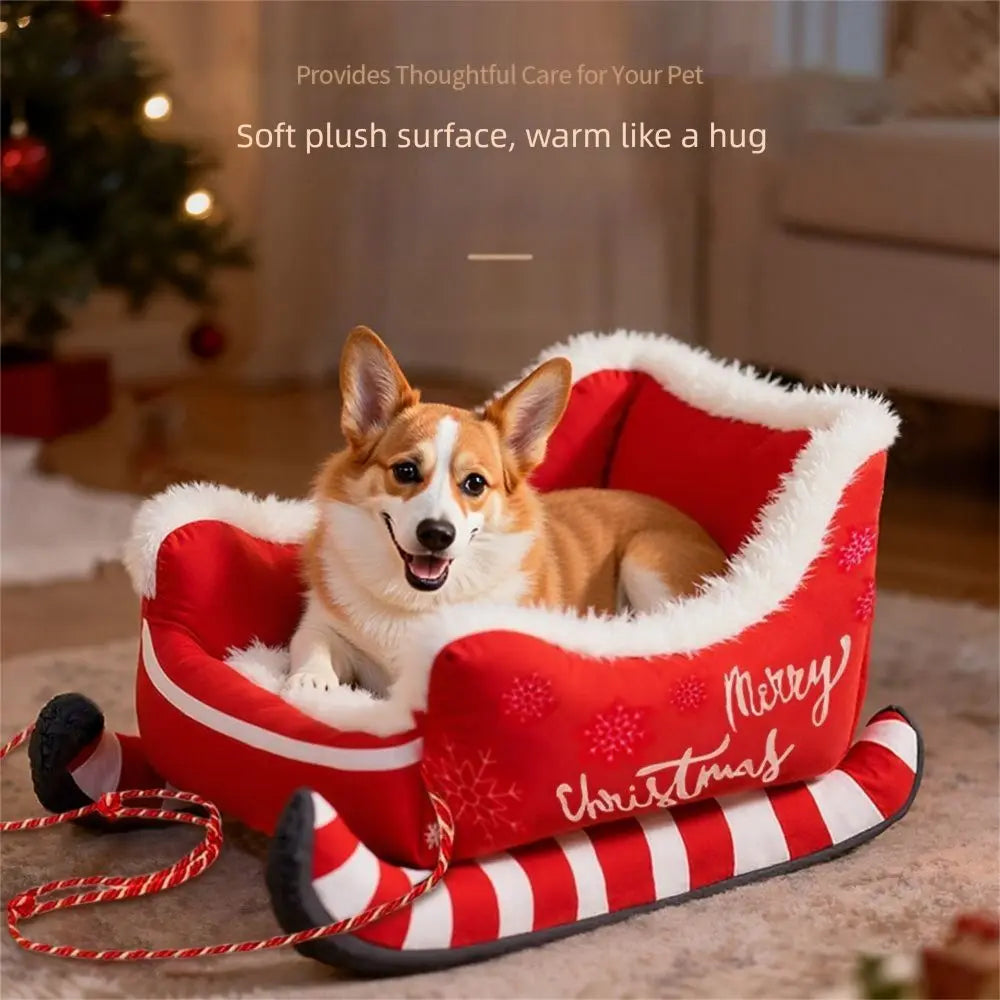 Cozy Christmas Sleigh Pet Bed Removable Washable Cat Dog Nest Non-Slip Bottom Pet Warm Sofa Cat Dog