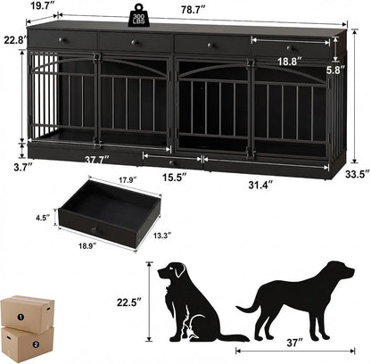 78.7" Dog Crate Furniture for 2 Dogs with 4 Drawers, Black