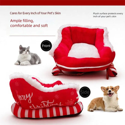 Cozy Christmas Sleigh Pet Bed Removable Washable Cat Dog Nest Non-Slip Bottom Pet Warm Sofa Cat Dog