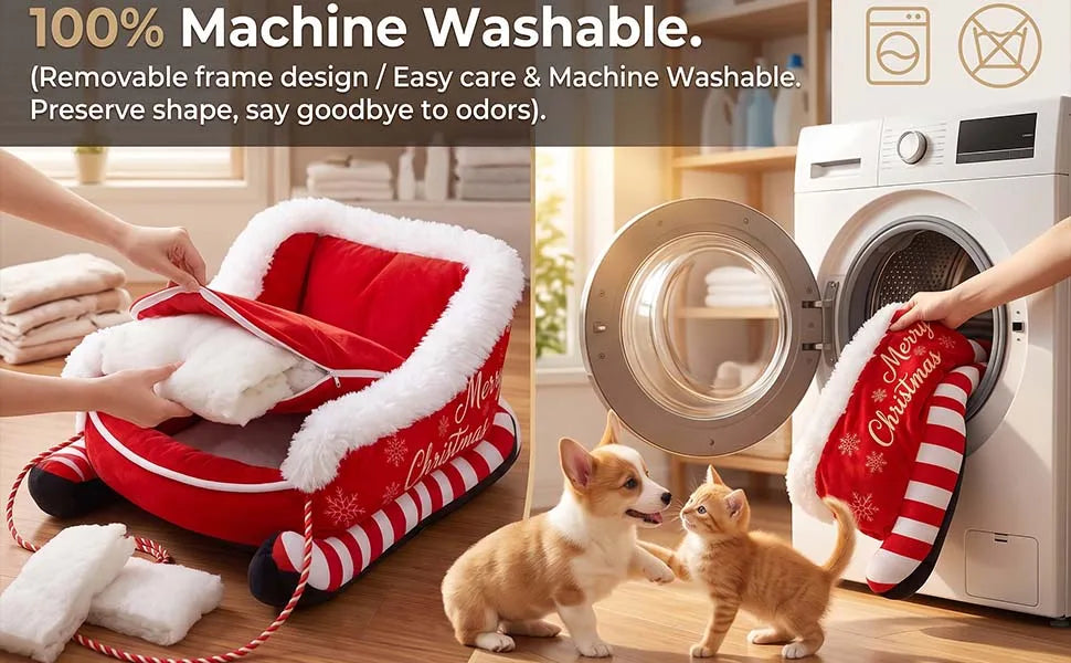 Christmas Dog Bed Sleigh, Santa Themed Calming Pet Sofa with Raised Sides, Soft Plush Winter Dog Sleigh Bed, Washable for Pets (Large)