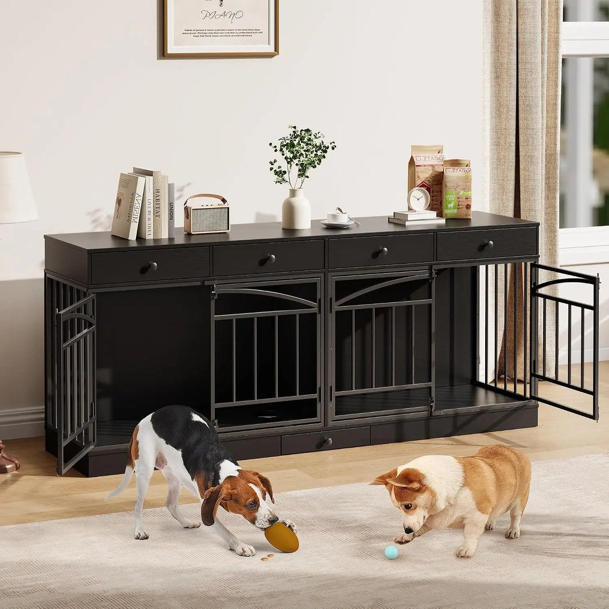 78.7" Dog Crate Furniture for 2 Dogs with 4 Drawers, Black