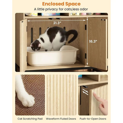 Cat Litter Box Enclosure, Large Hidden Pet Storage Cabinet urniture with Waveorm luted Do& Scratching Pad, ern Wooden Cat House