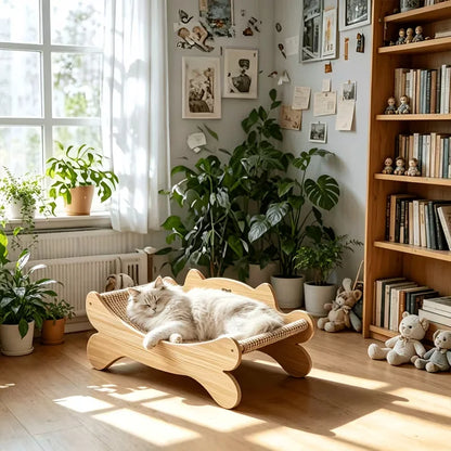 Wooden Cat Scratcher Bed, Modern Curved Cat Lounge with Sisal Scratch Pad, Cozy Cat Sofa Furniture for Indoor Cats