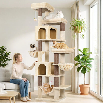 Globlazer 82" Large Cat Tree Tower for Indoor Cats, Multi-Level Cat Climbing Activity Center with 2 Condos, 2 Hammocks, 3 Perches, 8 Sisal Scratching Posts for Multi-Cat Household