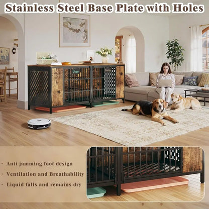 63" Large Double Dog Kennel urniture or 2 Dogs – Extra Sturdy XXL Metal & Wooden Medium Dog Cage with Removable Divider, Dual Do