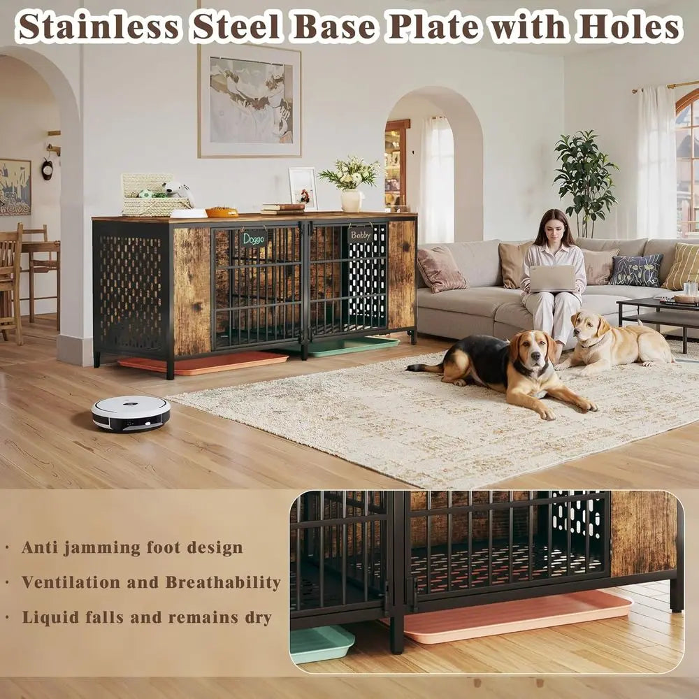 63" Large Double Dog Kennel urniture or 2 Dogs – Extra Sturdy XXL Metal & Wooden Medium Dog Cage with Removable Divider, Dual Do