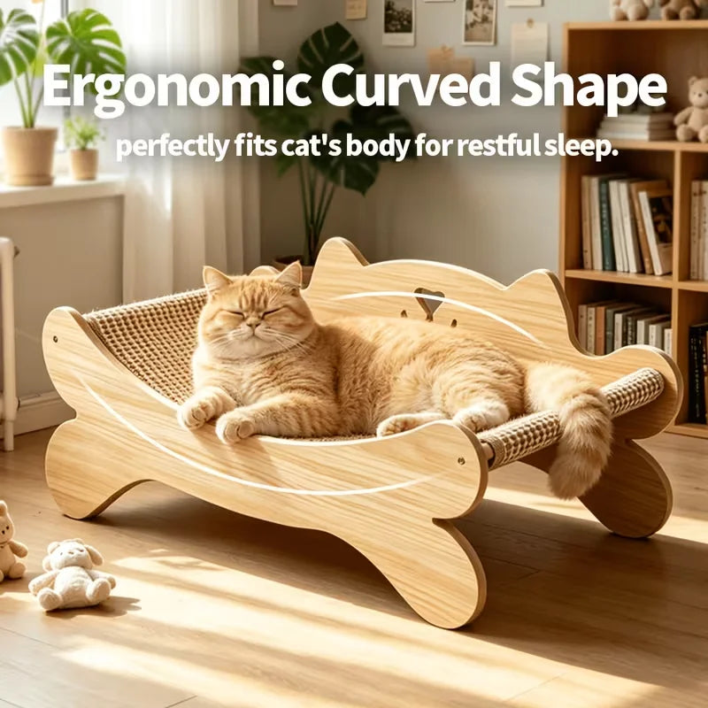 Wooden Cat Scratcher Bed, Modern Curved Cat Lounge with Sisal Scratch Pad, Cozy Cat Sofa Furniture for Indoor Cats
