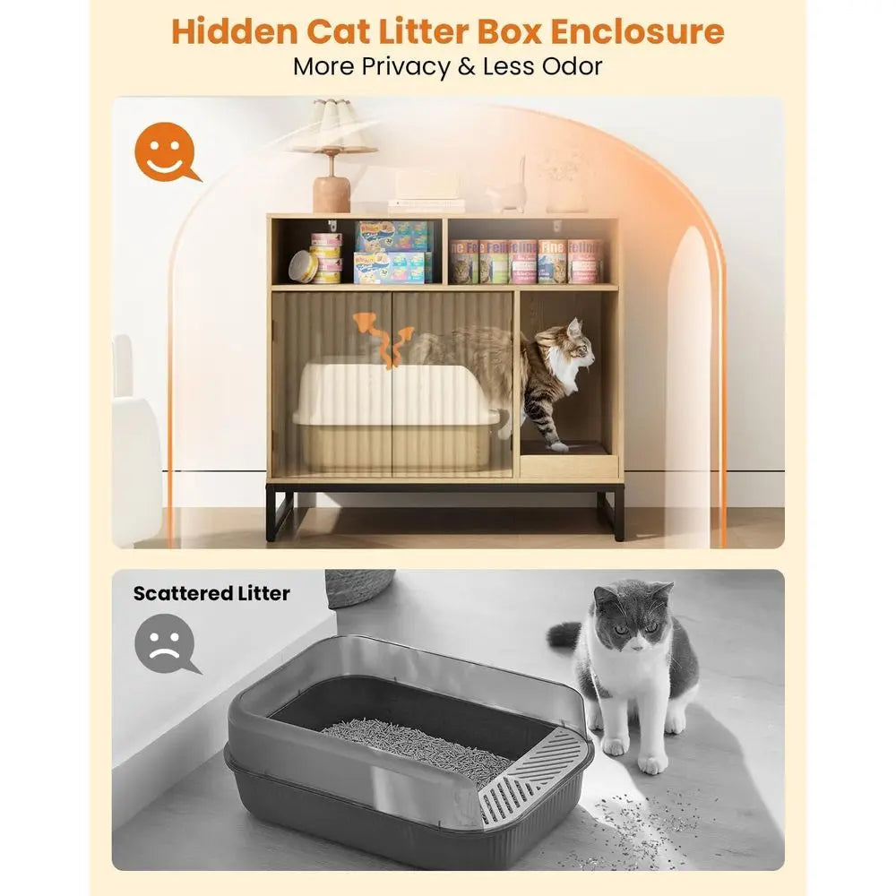 Cat Litter Box Enclosure, Large Hidden Pet Storage Cabinet urniture with Waveorm luted Do& Scratching Pad, ern Wooden Cat House