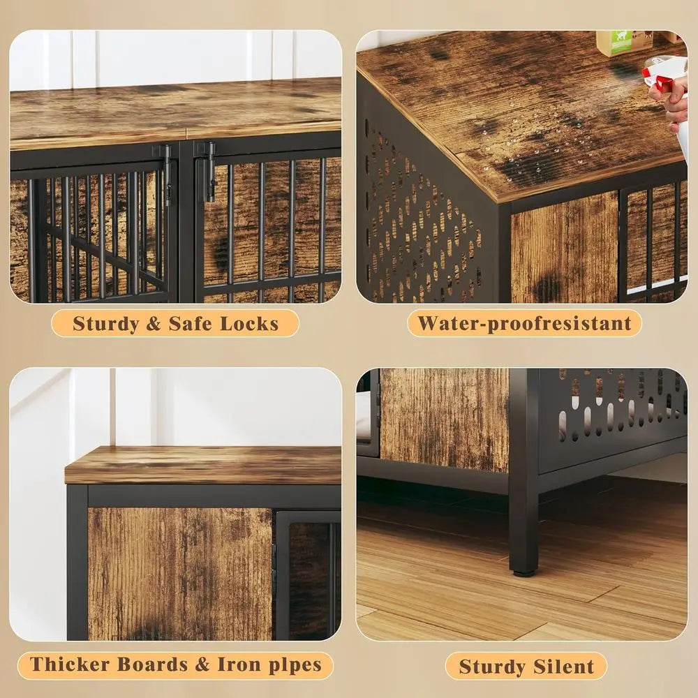 63" Large Double Dog Kennel urniture or 2 Dogs – Extra Sturdy XXL Metal & Wooden Medium Dog Cage with Removable Divider, Dual Do