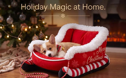 Christmas Dog Bed Sleigh, Santa Themed Calming Pet Sofa with Raised Sides, Soft Plush Winter Dog Sleigh Bed, Washable for Pets (Large)