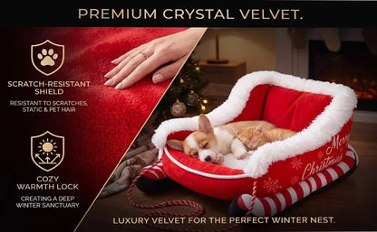 Christmas Dog Bed Sleigh, Santa Themed Calming Pet Sofa with Raised Sides, Soft Plush Winter Dog Sleigh Bed, Washable for Pets (Large)
