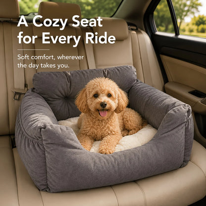 Pet Car Seat Bed for Small Dogs & Cats, Plush Dog Booster Travel Bed with Built-in Tether, Adjustable Car Strap, Soft Supportive Pet Bed for Back Seat, 55 x 50 x 35 cm