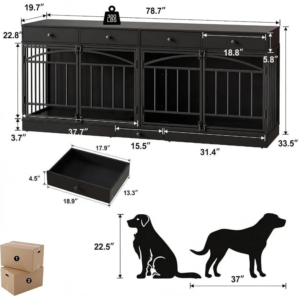 78.7" Dog Crate Furniture for 2 Dogs with 4 Drawers, Black