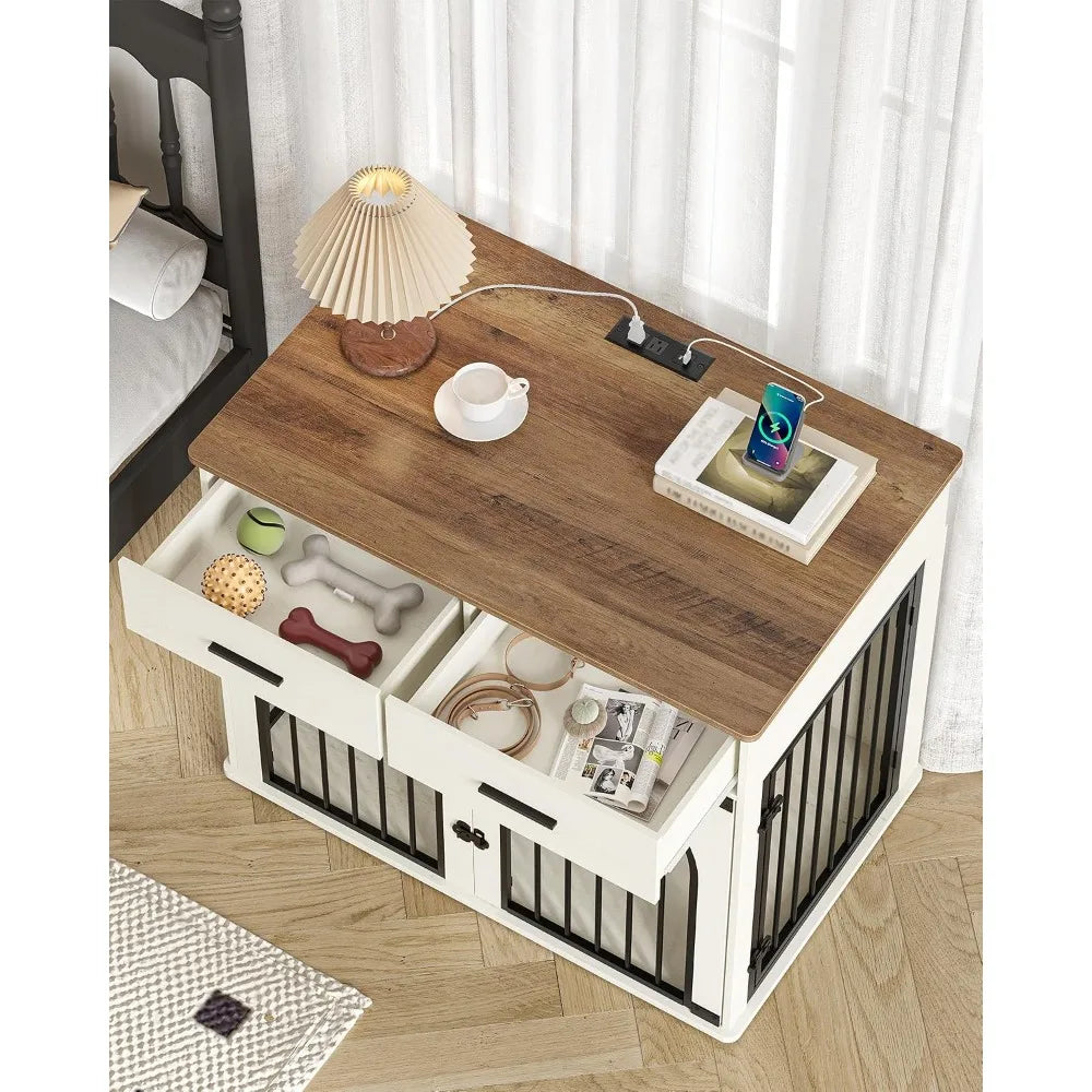 43.3" Dog Crate Furniture with Storage & Power Indoor Kennel for Large Dogs