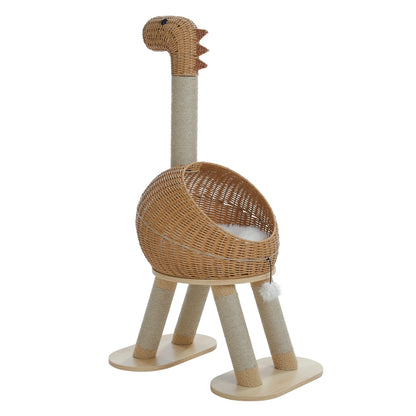 Dinosaur Cat Tree Tower with Sisal Scratching Post Large Rattan Cat Condo for Indoor Wicker Cat Bed with Removable Mat Cat Toys