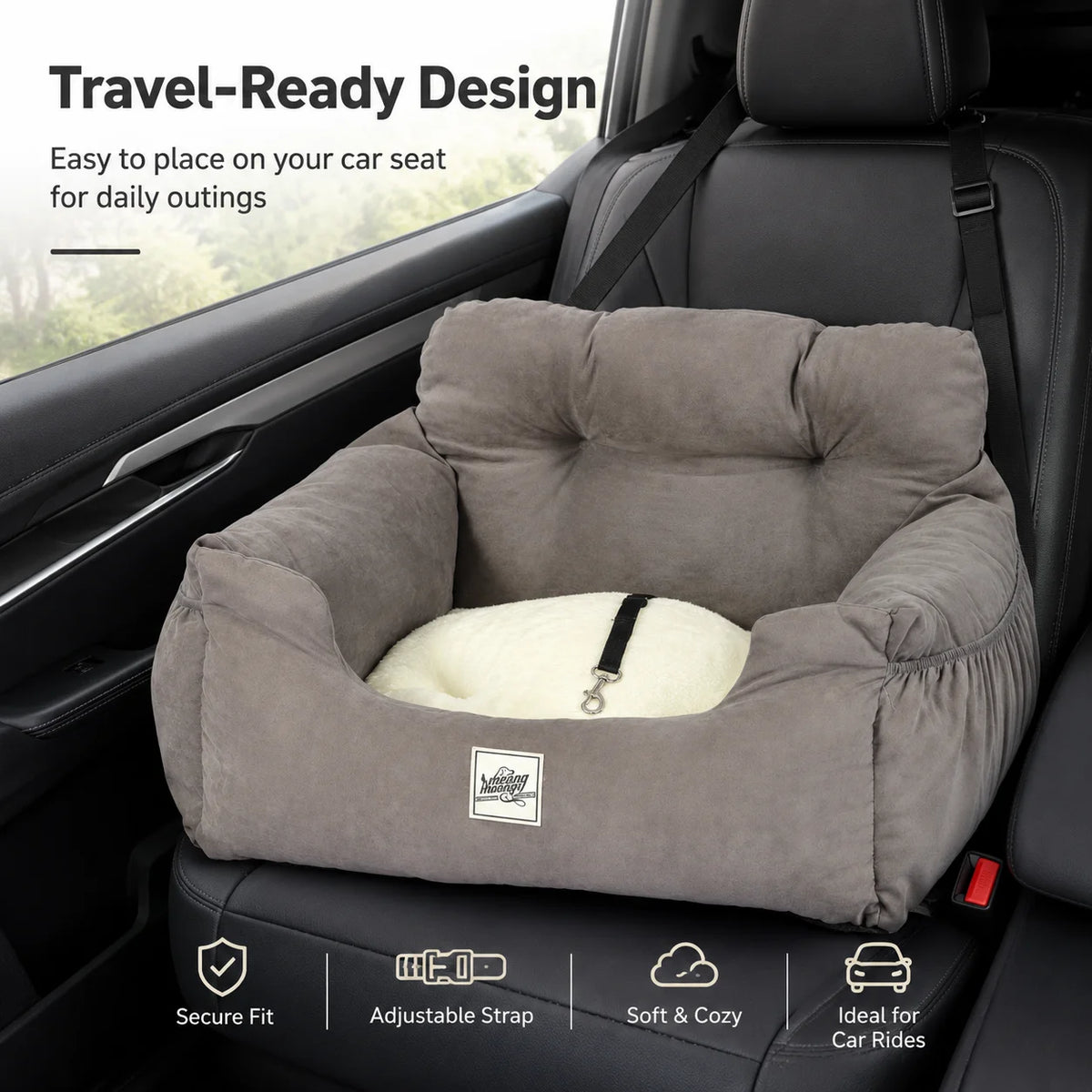 Pet Car Seat Bed for Small Dogs & Cats, Plush Dog Booster Travel Bed with Built-in Tether, Adjustable Car Strap, Soft Supportive Pet Bed for Back Seat, 55 x 50 x 35 cm