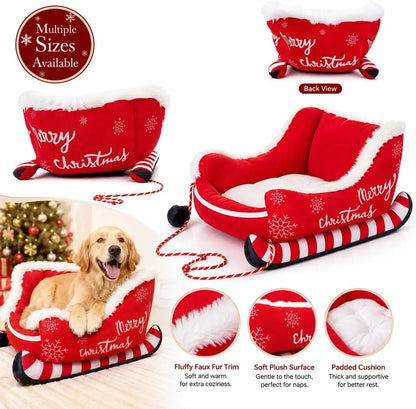Christmas Dog Bed Sleigh, Santa Themed Calming Pet Sofa with Raised Sides, Soft Plush Winter Dog Sleigh Bed, Washable for Pets (Large)