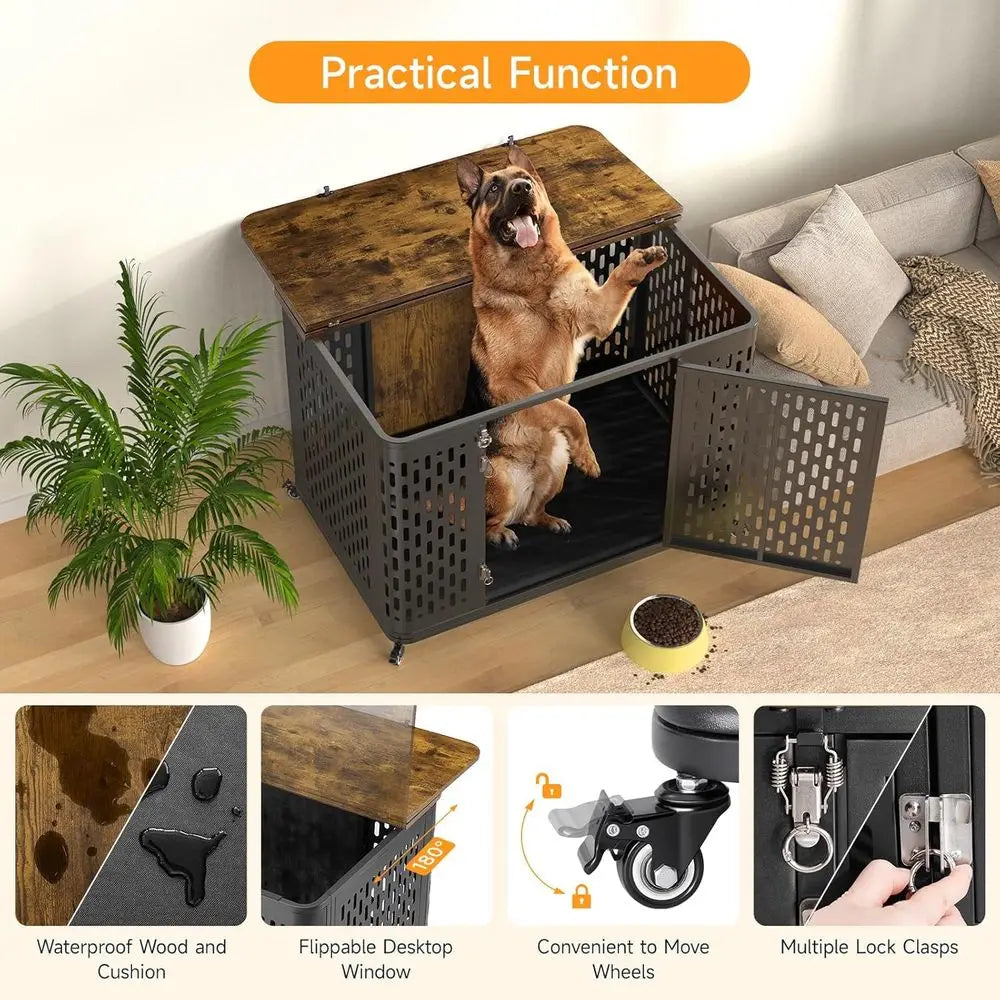 Heavy Duty Dog Crate urniture or Large and Medium Dogs, 43.7 Inch Large Dog Crate Kennel with lip Top & Cushion & Wheels, Ese Pr