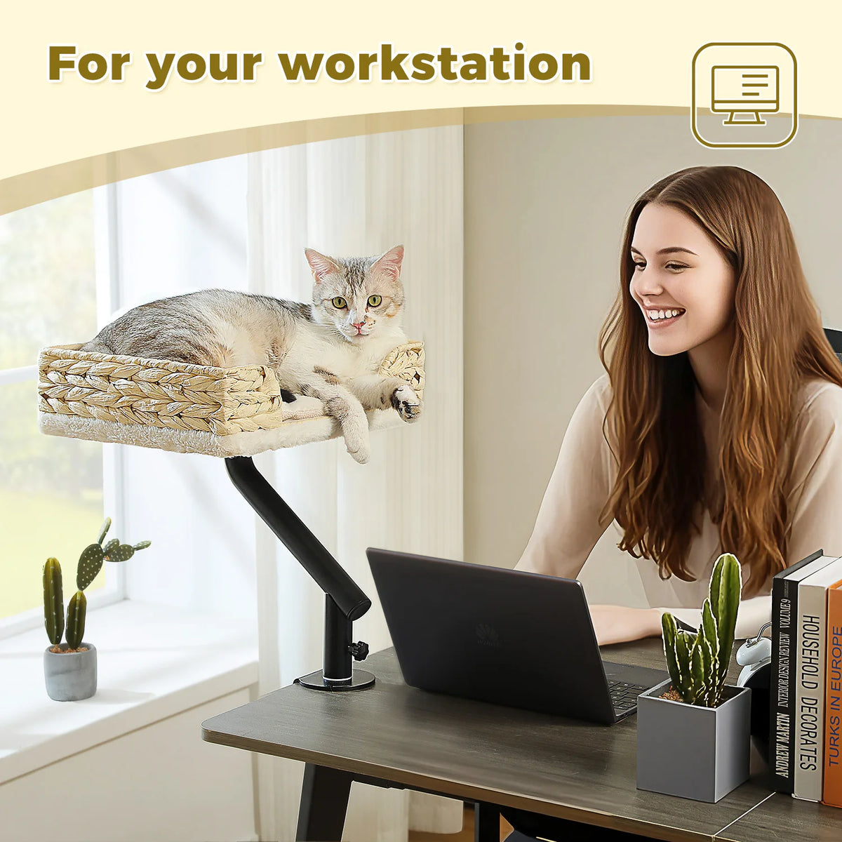 Cat Desk Bed, 360° Rotatable Cat Bed Stand for Indoor Cats, Adjustable Cat Basket, Cats Hammock for Table, Soft Cat Bed for Desk
